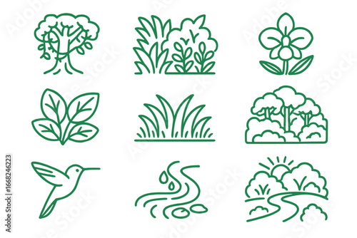 Lush Nature Icons. Outline icon set of lush green environments: vine-covered tree, dense foliage, wild orchid,