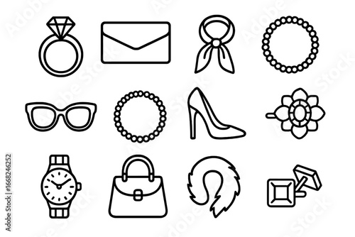 Luxury Fashion Icons. Outline icon set of luxury fashion accessories: diamond ring, clutch bag, silk scarf,