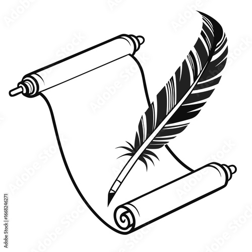 Ancient scroll with ink drawing silhouette