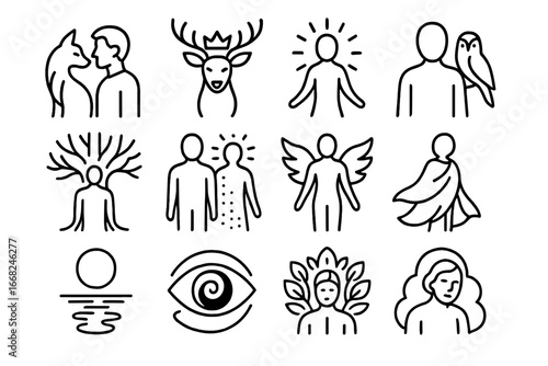 Magical Forest Transformations. Outline icon set of transformation and forest spirit: fox becoming man, deer