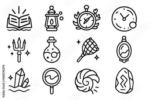 Magical Underwater Icon Set. Outline icon set of magical underwater items: glowing book, floating lantern,