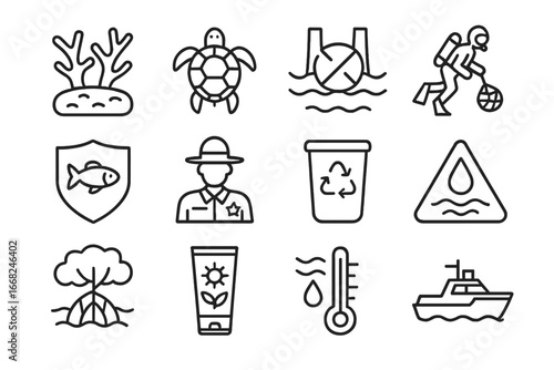 Marine Conservation Icons. Outline icon set of marine conservation: coral reef, sea turtle, plastic-free ocean