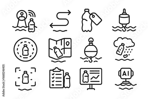 Marine Debris Tracking Icons. Outline icon set of marine debris tracking: drift tracker, current path, plastic