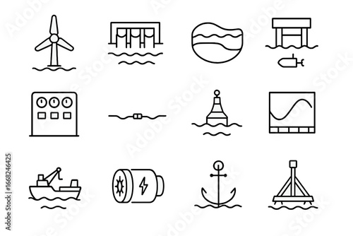 Marine Energy Icons. Outline icon set of marine and tidal energy: tidal turbine, barrages, tidal lagoon,