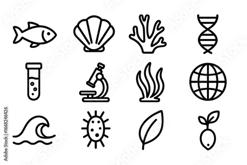 Marine Conservation Icons. Outline icon set of marine genetic conservation: fish, shell, coral, DNA strand,