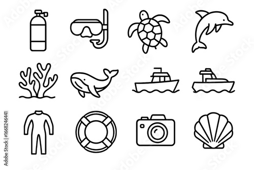 Marine Icons Grid. Outline icon set of marine wildlife conservation trips: scuba tank, snorkel mask, sea