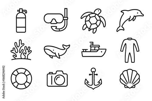 Marine Icons Grid. Outline icon set of marine wildlife conservation trips: scuba tank, snorkel mask, sea