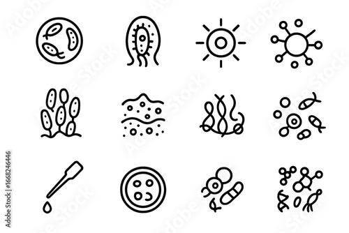 Marine Microbial Icon Set. Outline icon set of marine microbial life: bacteria loop, archaea icon, viral