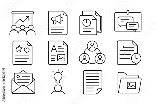 Marketing Icons Set. Outline icon set of internal marketing materials: team presentation, campaign brief,