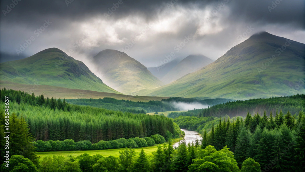 Obraz premium Misty mountain landscape with a winding river and dense forest nature mountains