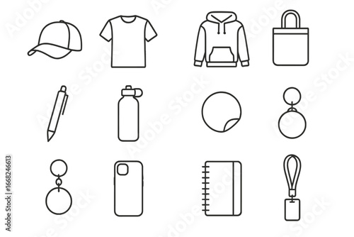 Marketing Swag Icons. Outline icon set of marketing swag: cap, t-shirt, hoodie, tote bag, pen, water bottle,