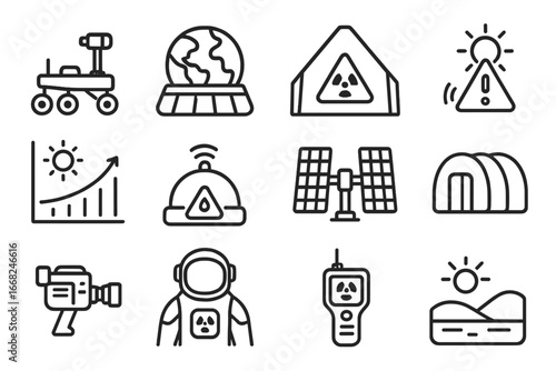Mars Mission Icons. Outline vector icons of Mars mission radiation planning: Mars rover, habitat shield,