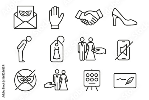 Masquerade Etiquette Icons. Outline icon set of formal masquerade etiquette: invitation card, RSVP hand,