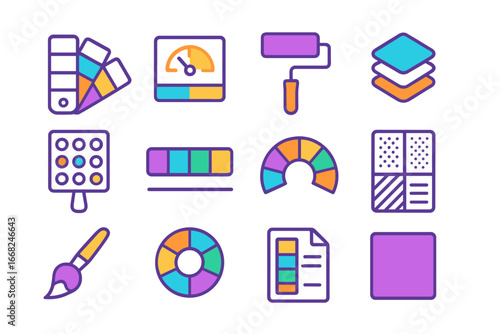 Maximalist Color Tool Icons. Outline icon set of maximalist color palette tools: color swatch, contrast meter,