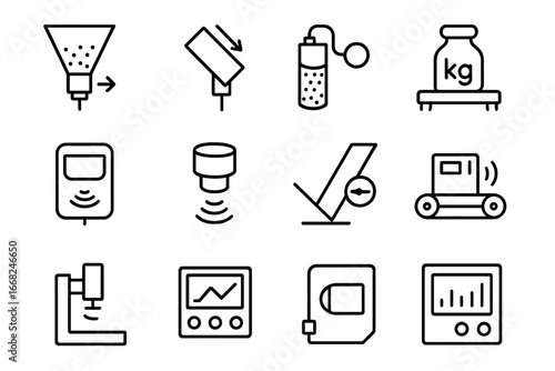 Material Handling Sensors Icons. Outline icon set of material handling sensors: bulk flow sensor, tilt switch,