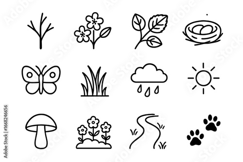 May Forest Icons. Outline icon set of seasonal changes in the May forest: budding tree, blossoms, green leaves
