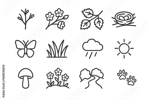 May Forest Icons. Outline icon set of seasonal changes in the May forest: budding tree, blossoms, green leaves