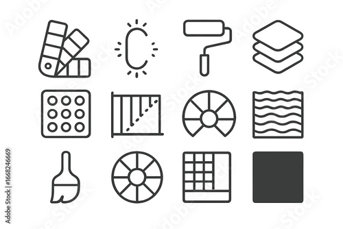 Maximalist Color Tool Icons. Outline icon set of maximalist color palette tools: color swatch, contrast meter,
