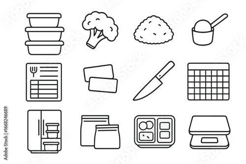 Meal Prep Icons. Outline icon set of meal prepping habits: food containers, chopped broccoli, rice portion,