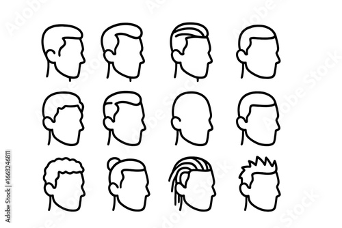 Men's Hairstyle Icons. Outline icon set of men’s hairstyles: short fade, crew cut, pompadour, slick back, side