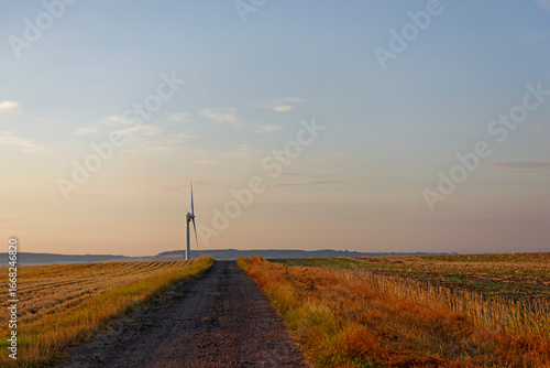 A single Wind Turbine near to West Drums Farm towering over the surrounding Countryside, next to a Farm Track.