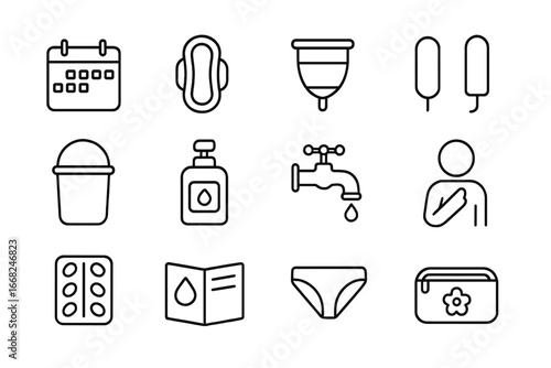 Menstrual Cycle Icon Set. Outline icon set of menstrual cycle management: calendar, sanitary pad, menstrual