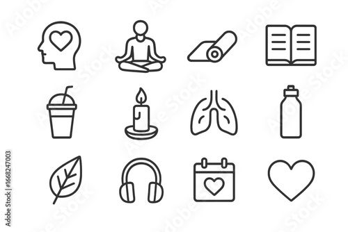 Mental Wellness Icons. Outline icon set of mental wellness programs: head with heart, meditation pose, yoga