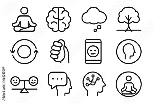 Mental Wellness Icons. Outline icon set of mental wellness tools: meditation icon, brain symbol, thought