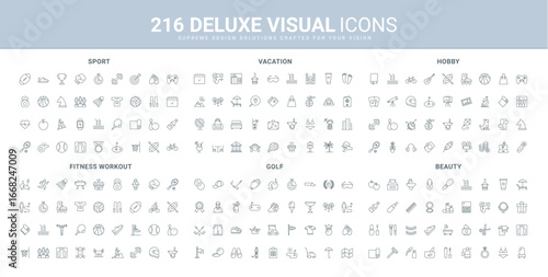 Sport training and fitness workout, beauty cosmetics, travel and tourism line icon set. Hobby and reading, shopping, attractions and vacation tour thin black outline symbols vector illustration