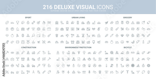 Bicycle and cyclist equipment, types of sports activity and award, grocery store food line icon set. City infrastructure, public transport, construction thin black outline symbols vector illustration