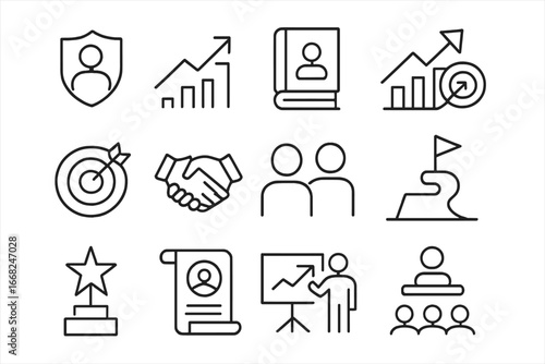 Mentorship Icon Set. Outline icon set of mentorship and leadership growth: mentor badge, growth arrow,