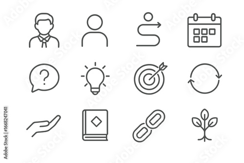 Mentorship Icon Set. Outline icon set of mentorship and coaching: mentor icon, mentee figure, guidance path,