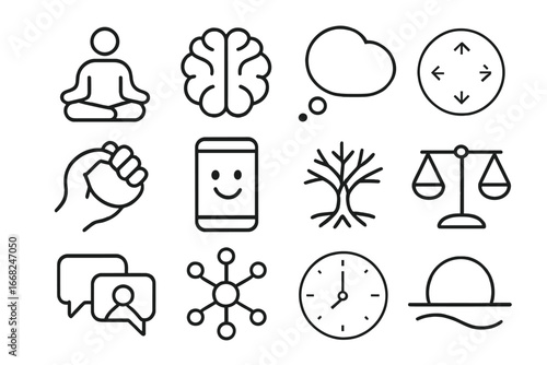Mental Wellness Icons. Outline icon set of mental wellness tools: meditation icon, brain symbol, thought