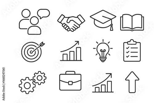 Mentorship Icons Set. Outline icon set of mentorship programs: two people, speech bubble, handshake,
