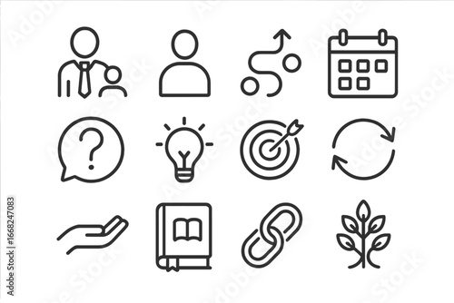 Mentorship Icon Set. Outline icon set of mentorship and coaching: mentor icon, mentee figure, guidance path,