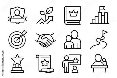 Mentorship Icon Set. Outline icon set of mentorship and leadership growth: mentor badge, growth arrow,