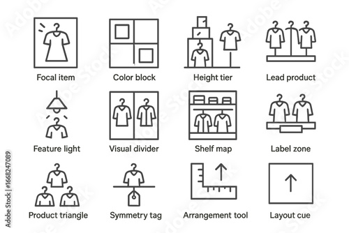 Merchandising Icon Grid. Outline vector icons of zoning for visual merchandising: focal item, color block,