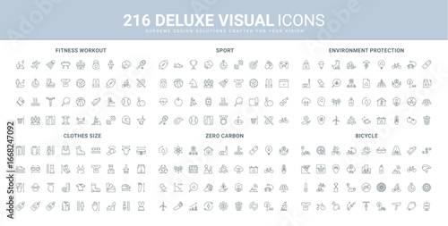 Sport workout, active healthy exercises and run, bike parts and tools line icon set. Carbon neutral and net zero technology of environmental protection thin black outline symbols vector illustration