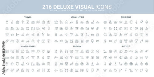 Fashion clothes size, art gallery and museum masterpiece, world religions line icon set. City infrastructure and transport for travel, bicycle tools thin black outline symbols vector illustration