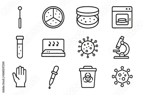Microbiology Tool Icons. Outline icon set of microbiology tools: inoculation loop, agar plate, petri dish,