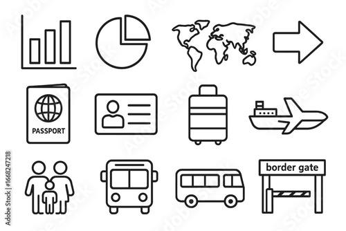 Migration Statistics Icons. Outline icon set of migration statistics: bar chart, pie chart, world map, arrow