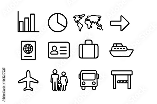 Migration Statistics Icons. Outline icon set of migration statistics: bar chart, pie chart, world map, arrow