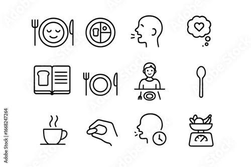 Mindful Eating Icons. Outline icon set of mindful eating at breakfast: calm plate, portion icon, slow chew