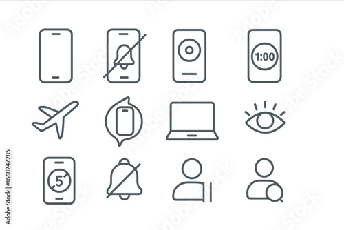Mindful Tech Icon Set. Outline icon set of mindful technology use: phone icon, no notifications symbol, focus