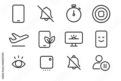 Mindful Tech Icon Set. Outline icon set of mindful technology use: phone icon, no notifications symbol, focus