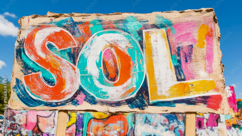 Fototapeta premium Rustic, hand-painted wooden sign featuring word 'SOL' in vibrant, distressed, graffiti-style lettering, displayed outdoors under sunny blue sky with blurred urban art in background.