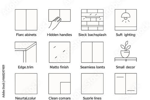 Minimalist Kitchen Icon Set. Outline vector icons of minimalist kitchen details: flat cabinets, hidden handles
