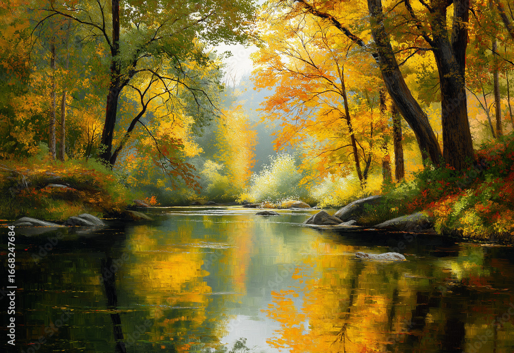 Obraz premium A beautiful autumn landscape with trees and foliage around the river,