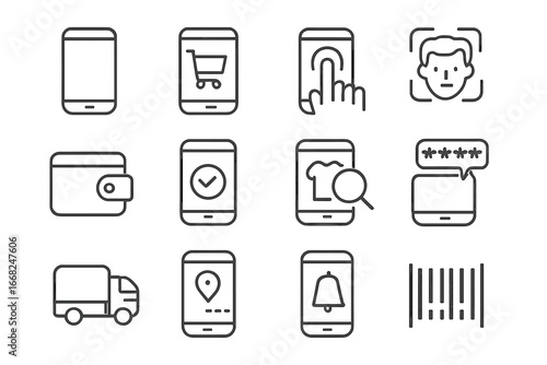 Mobile Commerce Icons. Outline icon set of mobile commerce behavior: mobile app, in-app purchase, finger tap,