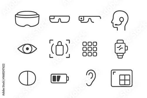 Mixed Reality Icons. Outline icon set of mixed reality wearables: smart visor, micro-display, embedded cam,